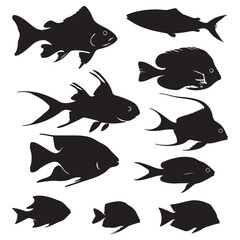 A black silhouette Fish set, Clipart on a white Background, Simple and Clean design, simplistic