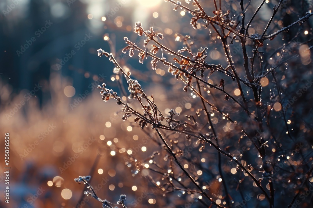 Poster a detailed view of a plant with glistening water droplets. perfect for nature enthusiasts or those l