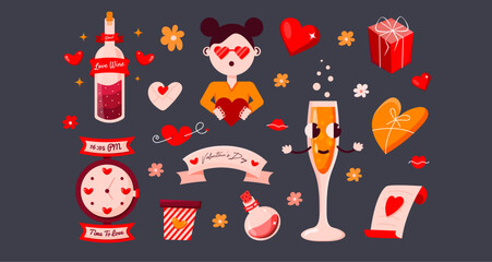 Happy Valentine’s Day Love Elements. Hand Drawn Love Elements with hearts, lips, champagne, gifts, flowers and love letters. Love wins, love is in the air and be my valentine concepts.