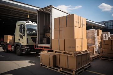 cargo truck in warehouse unloading cargo in boxes - obrazy, fototapety, plakaty