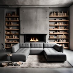 old fireplace in the room, A modern living room with a grey sofa, a fireplace, and bookshelves against a concrete wall