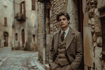 Fototapeta na wymiar In a historic european town A male model in classic attire stands by a cobblestone street His look timeless against the ancient backdrop