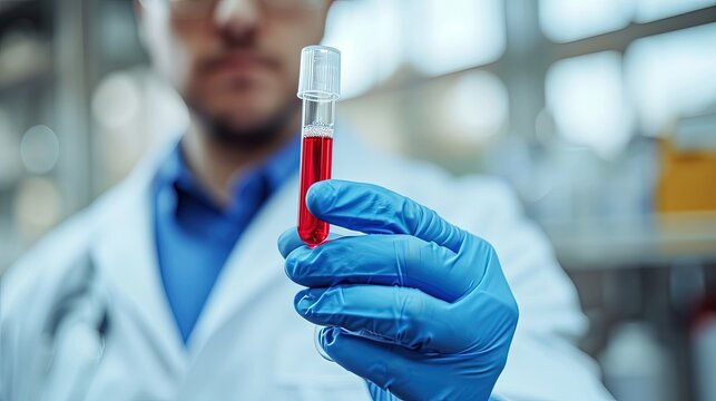 Male doctor or medical technician holding blood sample from centrifuge. Close-up view. Space for text.