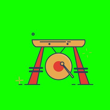 传统中国锣：绿色背景上的动画矢量插图