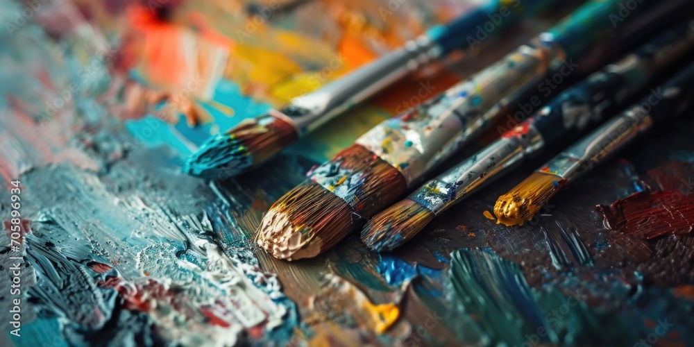 Poster a close-up view of paint brushes on a table. ideal for art and creative projects