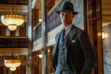 In an art deco lobby A male model in a dapper suit and fedora exudes the charm and sophistication of a bygone era