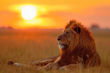 Majestic lion lying in the savannah at sunset