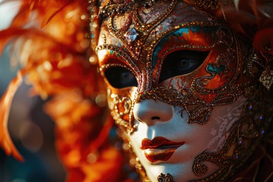 A close up of a mask adorned with feathers. This versatile image can be used for various occasions and themes