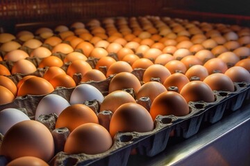 Obraz premium Close up of fresh eggs in a carton box in a supermarket. Eggs in carton box on conveyor belt in supermarket