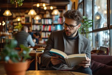 Male model in smart casual attire Reading a book in a cozy caf A blend of intellectual appeal and...