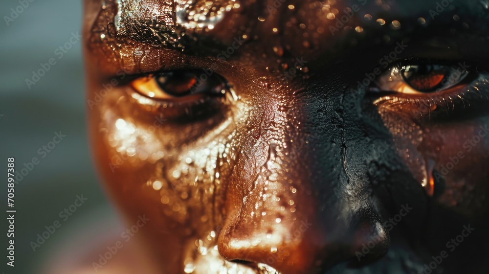 Poster a close-up shot of a person's face completely covered in mud. this image can be used to depict the c