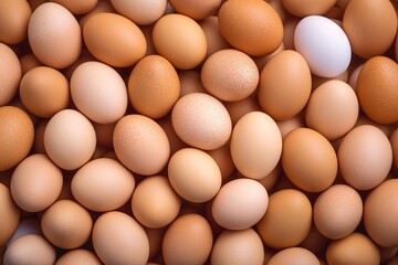 Eggs background. Close up of fresh chicken eggs. Top view. Top view of brown and white eggs background. - Powered by Adobe