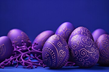 Purple easter eggs on blue background. Happy Easter card.