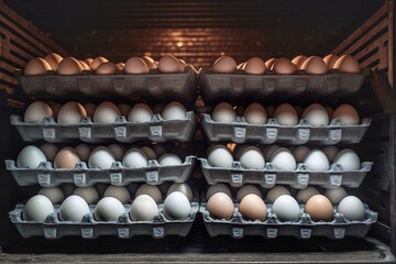 Chicken eggs in cardboard trays in a bakery. Close up