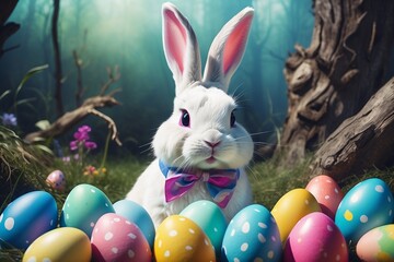 Bunny Bliss: Adorable Easter Bunny Frolicking in a Playful Landscape of Eggs