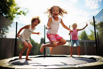 Kids having fun on a trampoline. - obrazy, fototapety, plakaty