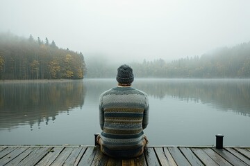 On a misty lakeside dock A male model in a fisherman's sweater reflects the tranquility and mystery of the foggy morning
