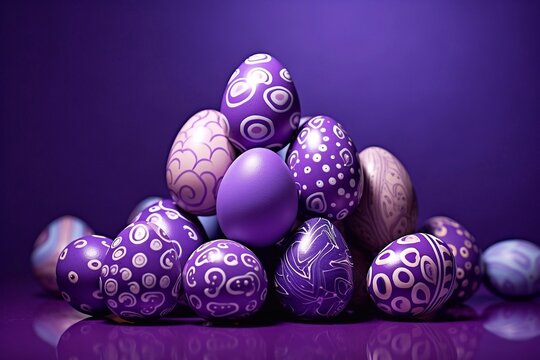 Easter purple eggs with an ornament on a purple background. Happy Easter greeting card. - Powered by Adobe