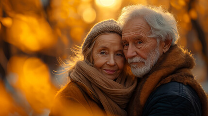 Obraz premium Mature couple is hugging outdoors. Old aged love concept. Selective focus. Generated with AI