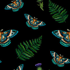Watercolor seamless pattern blue green moth and fern on black background. Hand painted illustration imperial night butterfly. Insect for the design of stationery, posters, wallpaper