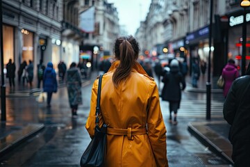 Striding through a bustling urban street A woman in a vibrant trench coat captures the essence of modern city life