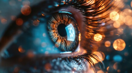 A close-up view of a person's eye. This image can be used for various purposes such as illustrating eye care, beauty, emotions, or even for a medical context - obrazy, fototapety, plakaty