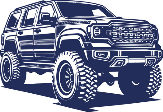 Stencil-style vector drawing depicting a contemporary utility vehicle against a white backdrop