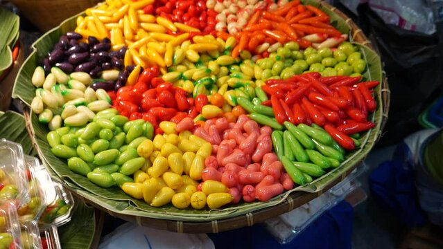 Fruit-shaped mung bean paste dessert of traditional Thai dessert (Kanom Luk Chup)