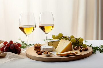 Cheese plate with cheeses, grape and two glasses with white wine on white table