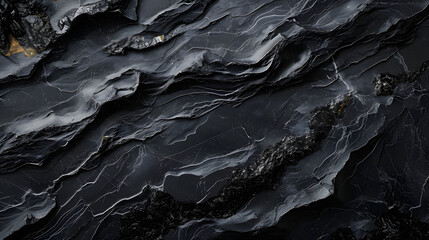 The dark texture of the stone, raw black obsidian, hardened volcanic lava glass, natural patterns and shapes on the stone section. - obrazy, fototapety, plakaty