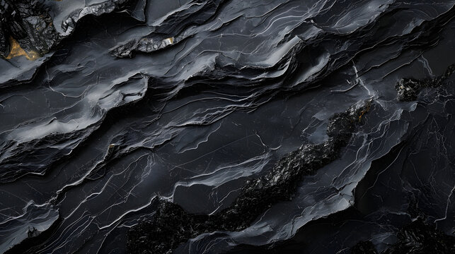 The dark texture of the stone, raw black obsidian, hardened volcanic lava glass, natural patterns and shapes on the stone section.