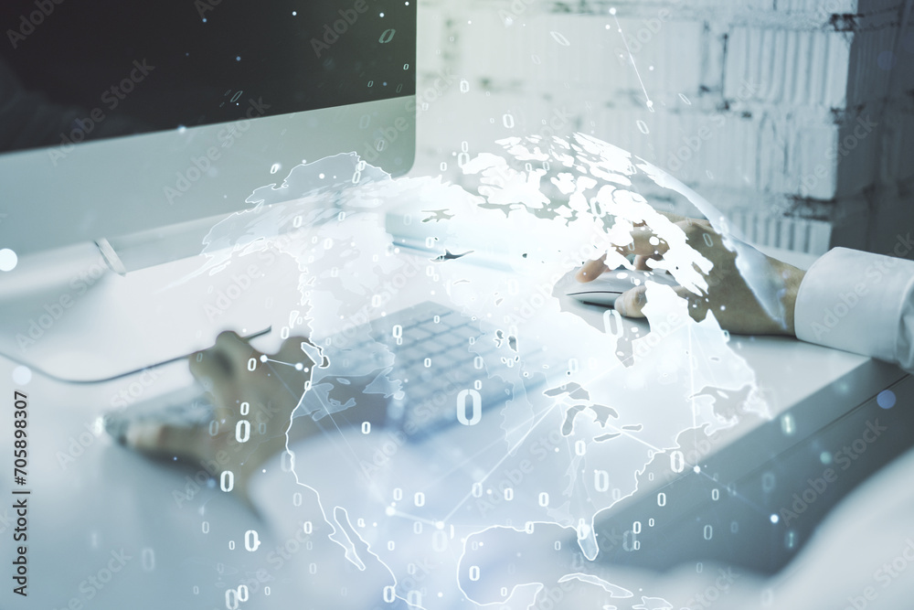 Poster double exposure of abstract programming language hologram with world map and hands typing on laptop 