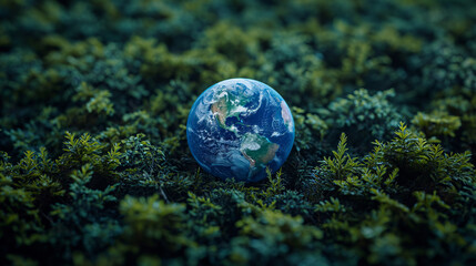 Obraz na płótnie Canvas Blue ball of Earth is on grass. Climate change. Environmental pollution. Selective focus. Save the planet concept 