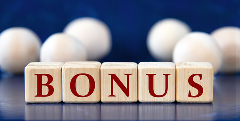 BONUS - word on wooden cubes on a blue background with wooden balls