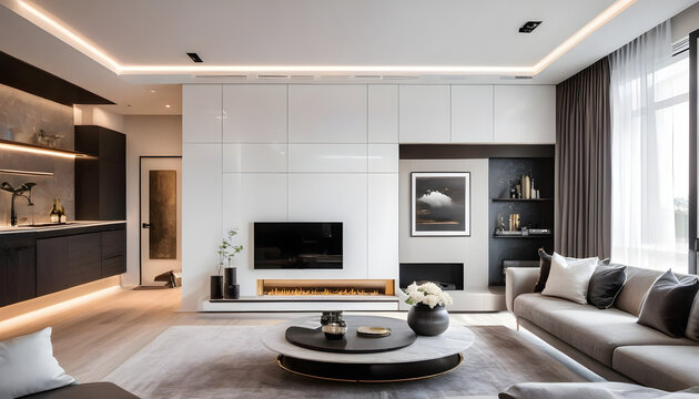 Interior design of living room in luxury home architecture design with elegant luxury style modern house. Modern Cozy apartment. Home decor. Contemporary Vision and Architechture