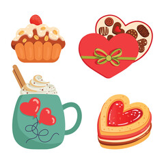 Valentines Day elements set. Cup with drink, cupcake, cookie, and heart-shaped box with chocolates. Cartoon-style vector illustrations for greeting cards, banners, stickers, and invitations.