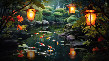 Koi Pond Serenity: Peaceful koi pond surrounded by lush greenery and illuminated by softly lit Chinese lanterns, perfect for a calming postcard, Postcard, Oriental, Chinese
