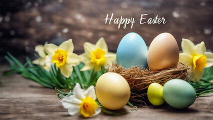 Felice Pasqua- Uova Colorate con Fiori di Narciso e Testo Auguri su Sfondo Sfocato - obrazy, fototapety, plakaty
