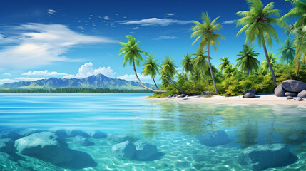 Fototapeta na wymiar Tropical Island Paradise: Palm-fringed beaches, turquoise waters, and a clear sky, setting the scene for a tropical paradise postcard, Postcard