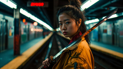 Urban Samurai: Asian Woman Standing on the Subway Platform with Katana in Hand, 90s style