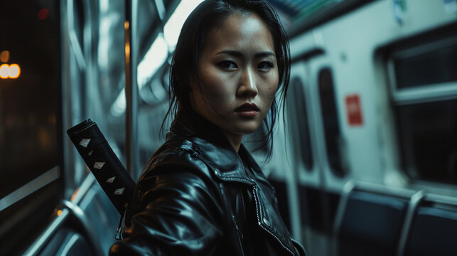 Fierce Asian Woman in a Subway Car, Leather Jacket, and Katana at Her Side, 90s style