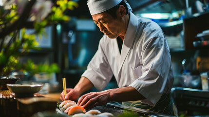 Focused Sushi Chef Crafting Nigiri with Precision and Expertise, sushi, sushi chef