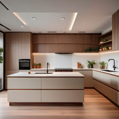 Fototapeta na wymiar Modern minimalist kitchen, close-up shot, beige cabinets floor to ceiling, combined with walnut wood open cabinets with led lights, floating ceiling. Natural light