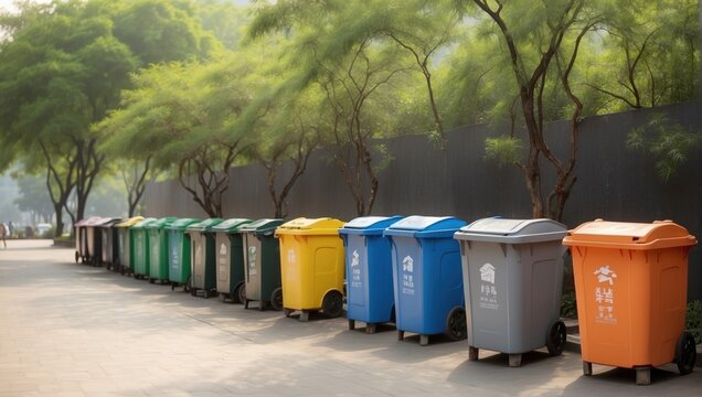 A row of garbage bins next to a recycling plant with trees. 