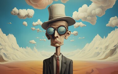 uomo con abito, occhiali, cappello, testa grossa, sfondo con nuvole, surrealista - obrazy, fototapety, plakaty