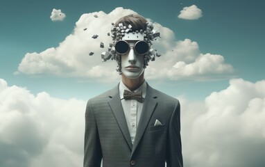 uomo con abito farfallino maschera e occhiali, nuvole come sfondo, surrealista