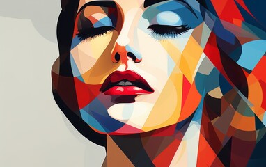 volto femminile astratto dalle colorazioni geometriche, colori primari - obrazy, fototapety, plakaty