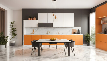 Orange and marble kitchen interior with table