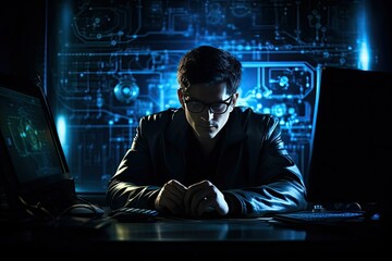 A man in glasses, a specialist or scientist, a programmer, sits analyzing financial data on a futuristic virtual interface.