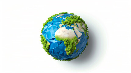 Creative abstract global ecology and environment protection business concept: mini green Earth planet globe with world map with green grass and color meadow flowers isolated on white background